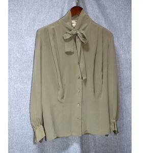 Kanebo Emma Olive Pure Silk Tie-Neck Blouse Size 10